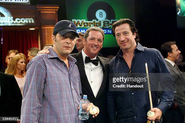 In this handout from International Pool Tour, Sopranos actor Carl Capotorto, writer Kevin Trudeau, and actor Federico Castelluccio are seen at the...