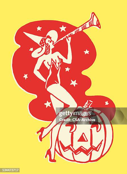 woman blowing horn on halloween - pumpkin carving stock illustrations