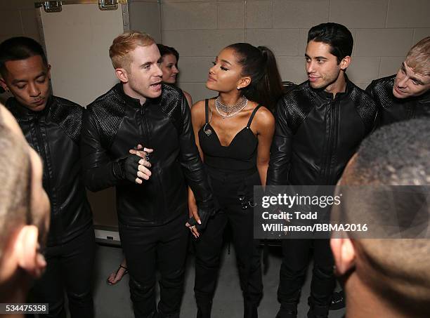 Ariana Grande in a prayer circle with her dancers backstage at the 2016 Billboard Music Awards at the T-Mobile Arena on May 22, 2016 in Las Vegas,...