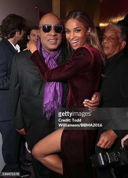 Stevie Wonder and Ciara backstage at the 2016 Billboard Music Awards at the T-Mobile Arena on May 22, 2016 in Las Vegas, Nevada.