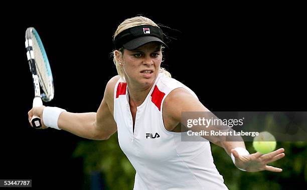 Kim Clijsters of Belgium defeats Justine Henin-Hardenne of Belgium 7-5, 6-1 in the final match of the Sony Ericsson WTA Tour Rogers Cup tennis...
