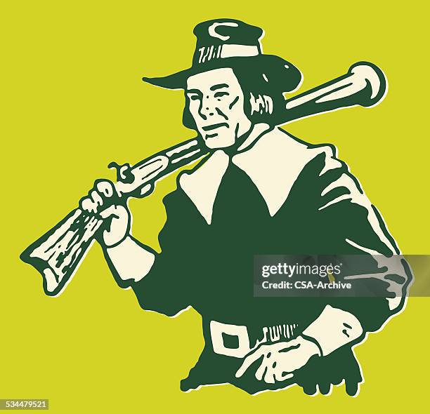 pilgrim with rifle - pilgrims stock illustrations