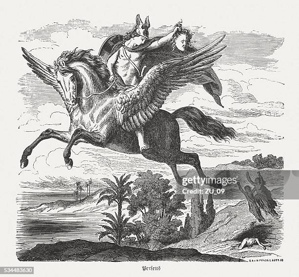 perseus on pegasus, greek mythology, wood engraving, published in 1880 - perseus stock illustrations