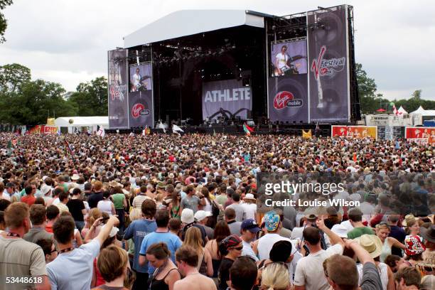 Athlete perform on stage on the second day of the V Festival at Hylands Park on August 21, 2005 in Chelmsford, England.