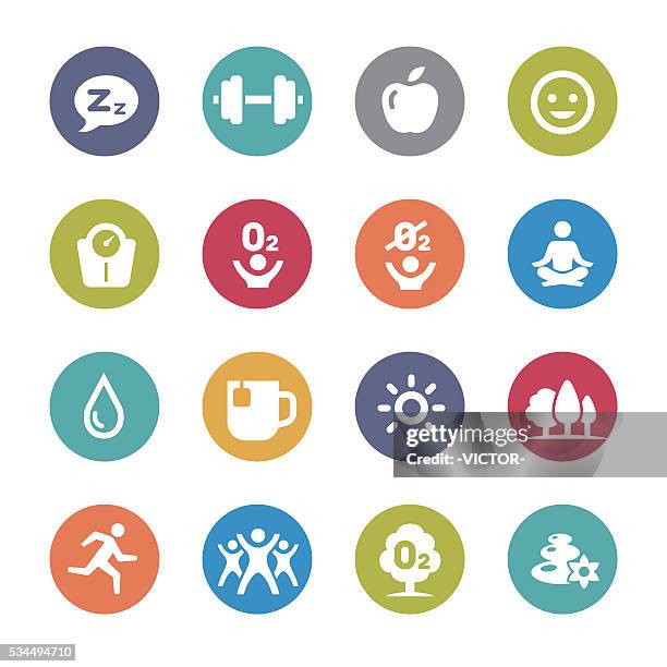 fitness, healthy life style icons - circle series - weights stock illustrations