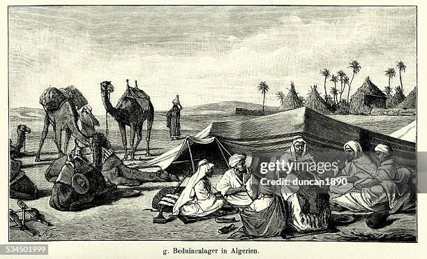 19. jahrhundert beduinenlager in algerien - beduine stock-grafiken, -clipart, -cartoons und -symbole