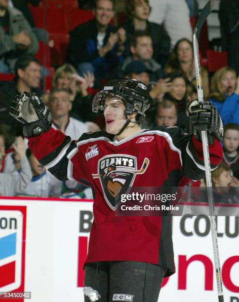 Gilbert Brule of the Vancouver Giants celebrates during the Western Hockey League game against the Saskatoon Blades at Pacific Coliseum on October...