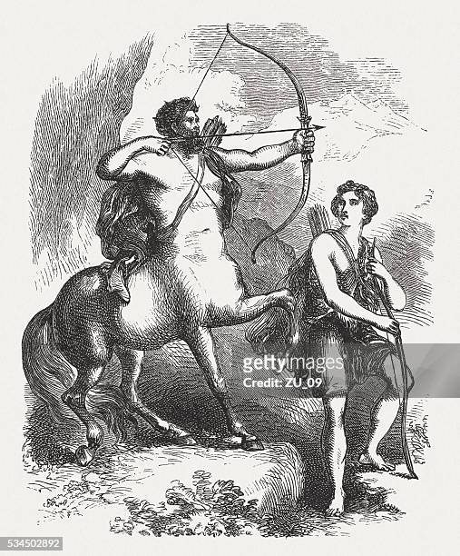 ilustrações de stock, clip art, desenhos animados e ícones de chiron ensino aquiles, a mitologia grega, madeira (kit 1), publicado em 1880 - mitologia grega