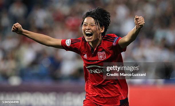 Saki Kumagai of Olympique Lyonnais celebrates after scoring the decisive penalty during the UEFA Women's Champions League Final VfL Wolfsburg and...