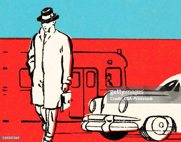 man at train station - trench coat stock illustrations