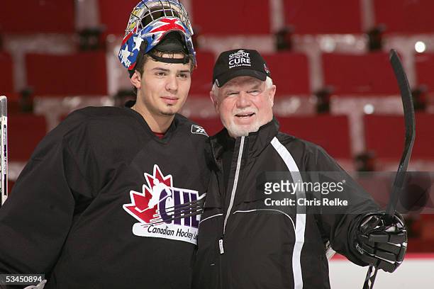 Coach Don Cherry and goalie Carey Price practice for the annual Top Prospects game & Skills competition at the Pacific Coliseum on January 17, 2005...