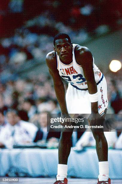 Michael Jordan of the Eastern Conference All-Stars takes a break during the 1985 NBA All-Star game against the Western Conference All-Stars at Market...