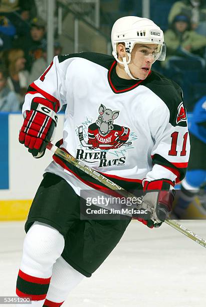 Zach Parise of the Albany River Rats skates against the Bridgeport Sound Tigers during the game on October 16, 2004 at the Arena at Harbor Yard in...