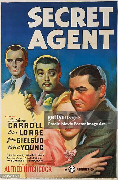 Poster for Alfred Hitchcock's 1936 thriller, 'Secret Agent', starring John Gielgud, Peter Lorre, Madeleine Carroll and Robert Young.