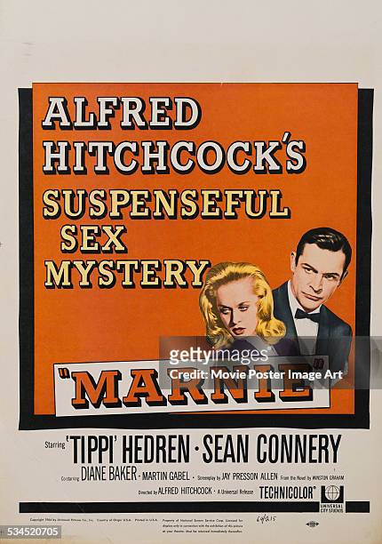 Window card for Alfred Hitchcock's 1964 psychological thriller, 'Marnie', starring Tippi Hedren and Sean Connery.
