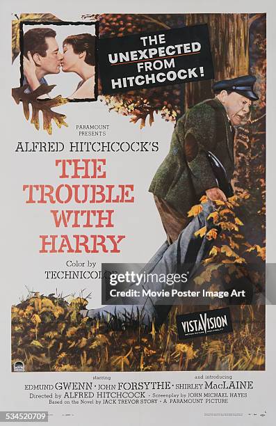 Poster for Alfred Hitchcock's 1955 black comedy, 'The Trouble With Harry', featuring John Forsythe, Shirley MacLaine and Edmund Gwenn.