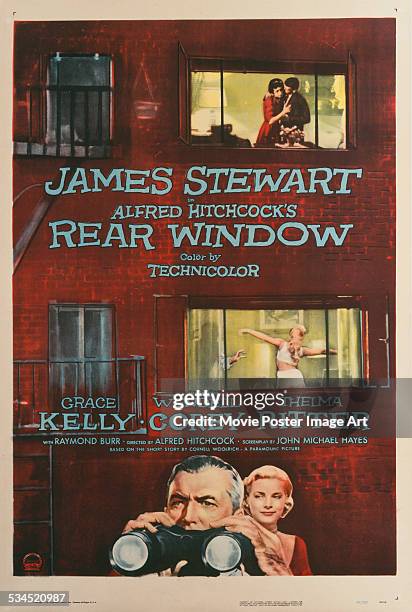 Poster for Alfred Hitchcock's 1954 thriller, 'Rear Window', starring James Stewart and Grace Kelly.