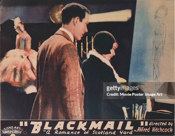 Lobby card for Alfred Hitchcock's 1929 thriller, 'Blackmail', featuring Anny Ondra and Cyril Ritchard.