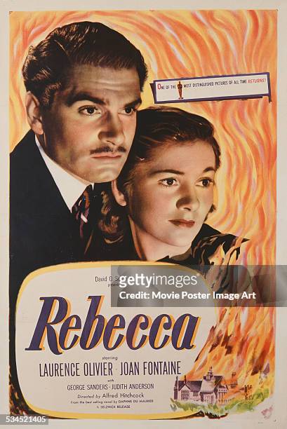 Poster for Alfred Hitchcock's 1940 psychological thriller, 'Rebecca', starring Laurence Olivier and Joan Fontaine.