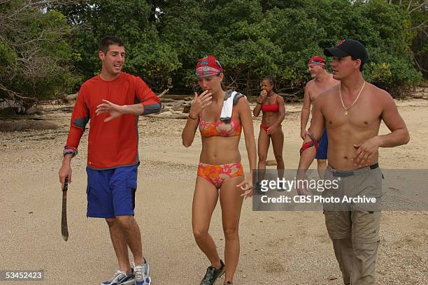 Rob Cesternino, Amber Brkich, Alicia Caloway, Tom Buchanan and Rob Mariano of the Chapera tribe. Image dated November 3, 2003.