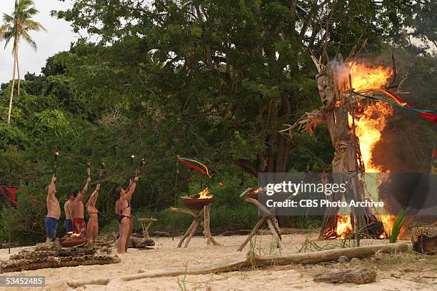 Members of the Chapera tribe, Tom Buchanan, Rob Cesternino, Rob Mariano, Amber Brkich, Sue Hawk and Alicia Calaway after winning the immunity...