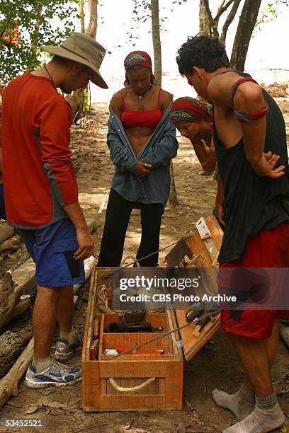 Rob Cesternino, Alicia Calaway, Amber Brkich and Rob Mariano of the Chapera tribe. A box of tools from the Home Depot is delivered to each tribe...