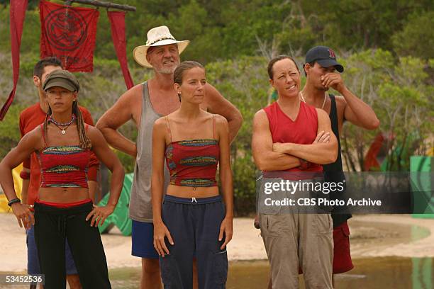 Rob Cesternino, Alicia Calaway, Tom Buchanan, Amber Brkich, Sue Hawk and Rob Mariano of the Chapera tribe during the immunity challenge when Jenna...