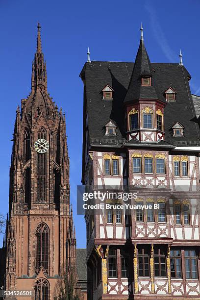 historic buildings with frankfurt cathedral - imperial cathedral of saint bartholomew stock pictures, royalty-free photos & images