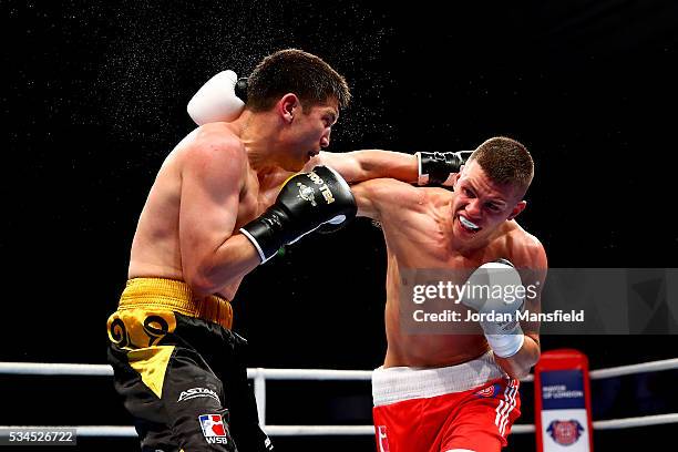 Pat McCormack of British Lionhearts in action against Samat Bashenov of Astana Arlans in the semi-final of the World Series of Boxing between the...