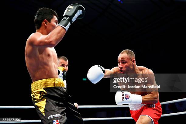 Troy Williamson of British Lionhearts in action against Meiirim Nursultanov of Astana Arlans in the semi-final of the World Series of Boxing between...