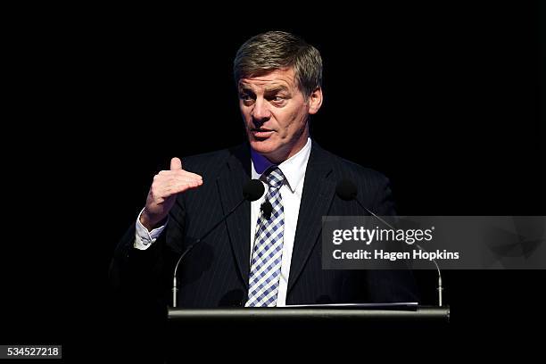 Finance Minister Bill English speaks during a post-budget breakfast at Te Papa on May 27, 2016 in Wellington, New Zealand. The National party...