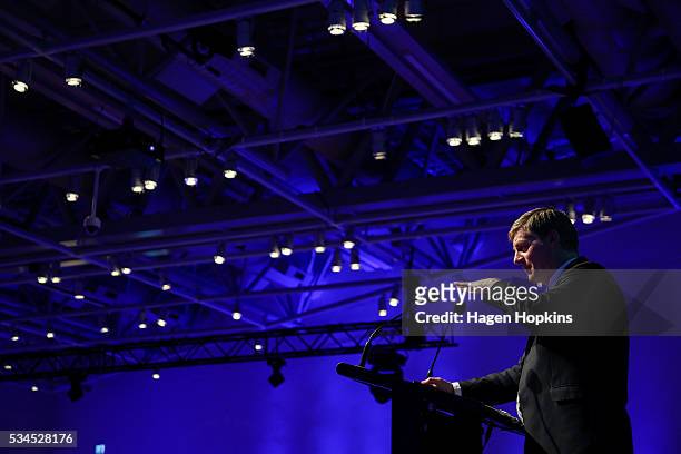 Finance Minister Bill English speaks during a post-budget breakfast at Te Papa on May 27, 2016 in Wellington, New Zealand. The National party...