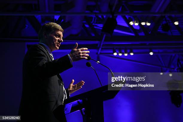 Finance Minister Bill English speaks during a post-budget breakfast at Te Papa on May 27, 2016 in Wellington, New Zealand. The National party...