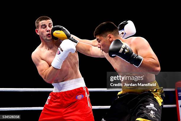 Yerkin Mukametzhan of Astana Arlans in action against Josip-Bepo Filipi of British Lionhearts in the semi-final of the World Series of Boxing between...