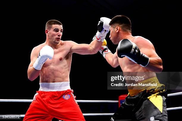 Josip-Bepo Filipi of British Lionhearts in action against Yerkin Mukametzhan of Astana Arlans in the semi-final of the World Series of Boxing between...