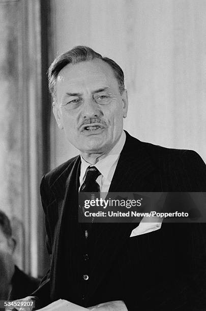 English politician and Ulster unionist Member of Parliament for South Down, Enoch Powell speaks at Barking Town Hall in East London on 15th June 1976.