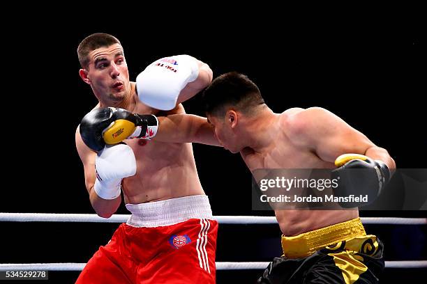 Josip-Bepo Filipi of British Lionhearts in action against Yerkin Mukametzhan of Astana Arlans in the semi-final of the World Series of Boxing between...