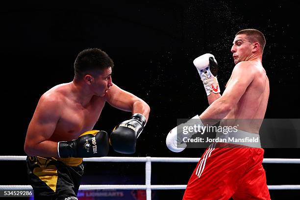 Josip-Bepo Filipi of British Lionhearts in action against Yerkin Mukametzhan of Astana Arlans in the semi-final of the World Series of Boxing between...