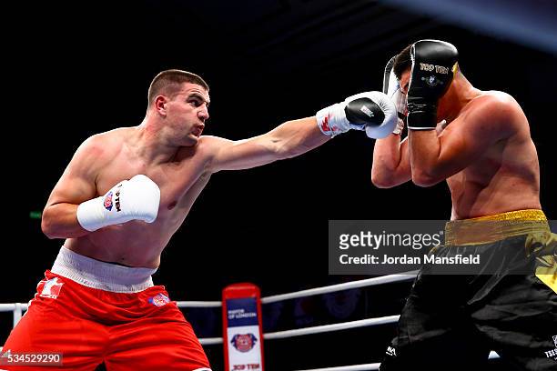 Josip-Bepo Filipi of British Lionhearts in action against Yerkin Mukametzhan of Astana Arlans in the semi-final of the World Series of Boxing between...