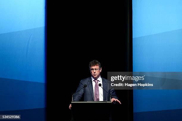 Chief Economist, Cameron Bagrie, speaks during a post-budget breakfast at Te Papa on May 27, 2016 in Wellington, New Zealand. The National party...