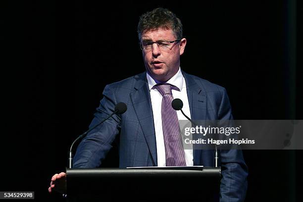 Chief Economist, Cameron Bagrie, speaks during a post-budget breakfast at Te Papa on May 27, 2016 in Wellington, New Zealand. The National party...