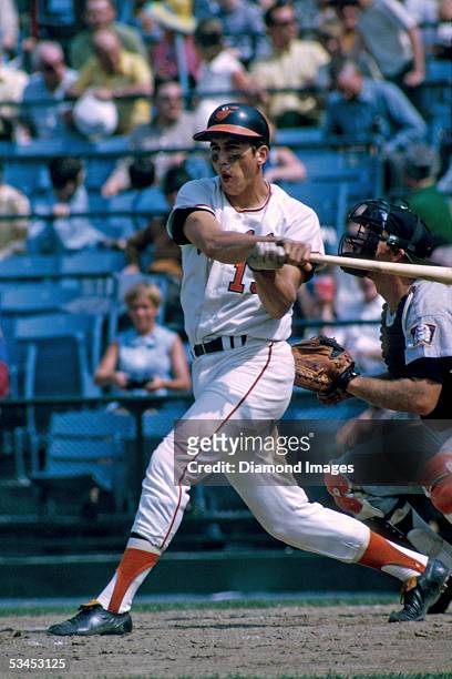 Secondbaseman Davey Johnson of the Baltimore Orioles at bat during a game in 1970 against the Minnesota Twins at Memorial Stadium in Baltimore,...