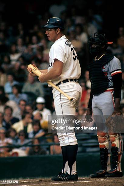 Firstbaseman/Designated-hitter Frank Howard of the Detroit Tigers awaits the next pitch during an at bat in a game against the Baltimore Orioles in...
