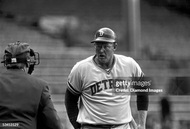 First baseman /designated-hitter Frank Howard of the Detroit Tigers questions the umpires call in an at bat during a game against the Cleveland...