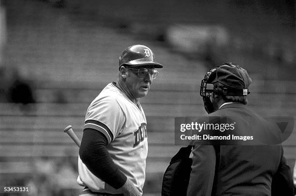 First baseman / designated-hitter Frank Howard of the Detroit Tigers questions the umpires call in an at bat during a game against the Cleveland...