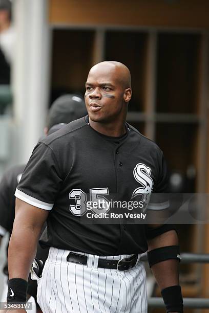 Frank Thomas of the Chicago White Sox looks on from the dugout during the game against the Detroit Tigers at U.S. Cellular Field on July 20, 2005 in...