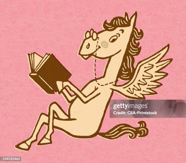 pegasus reading book - mythology stock illustrations