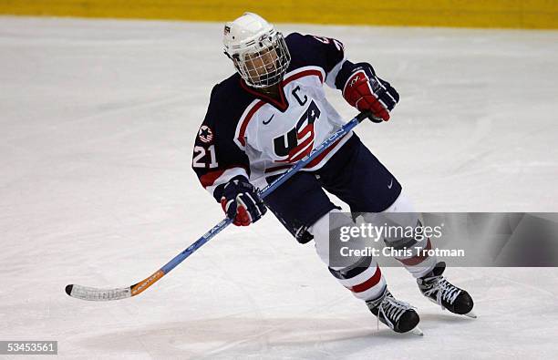 Cammi Granato of Team USA skates against Team Canada in a Women's Four Nations Cup game at the Gutterson Arena on November 11, 2004 in Burlington,...