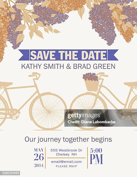 cute retro bicycle save the date wedding announcement - save the date stock illustrations