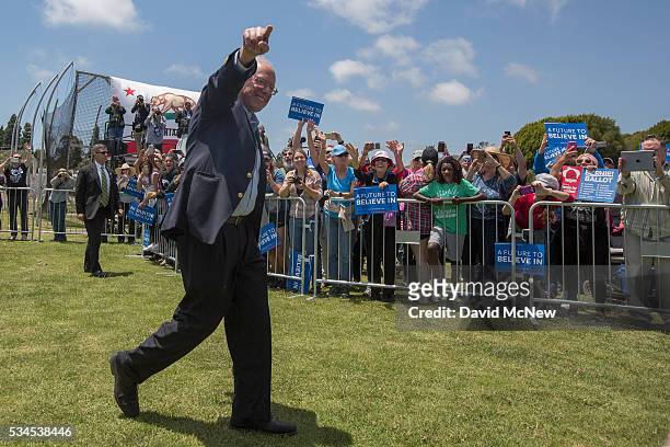 Democratic presidential candidate, Sen. Bernie Sanders arrives for a campaign rally at Ventura College on May 26, 2016 in Ventura, California. The...